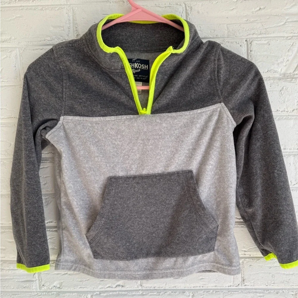 Oshkosh‎ B'gosh Kids Fleece Pullover Sweatshirt 7 7A Gray Neon Yellow Pocket